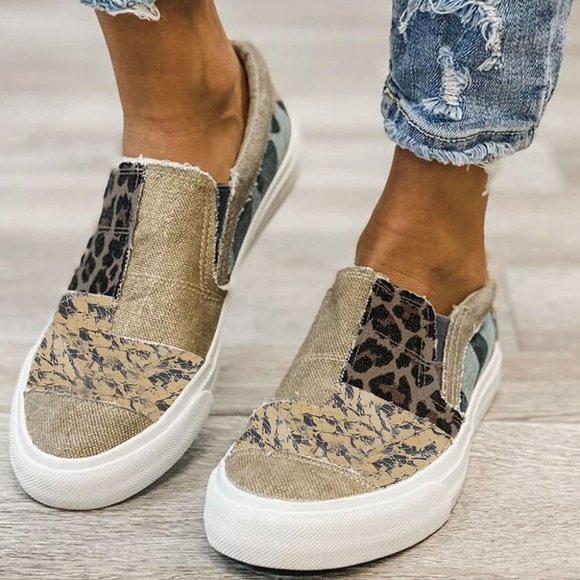 POPULAR Khaki Leopard Print Slip on Sneakers - Picture 1 of 4